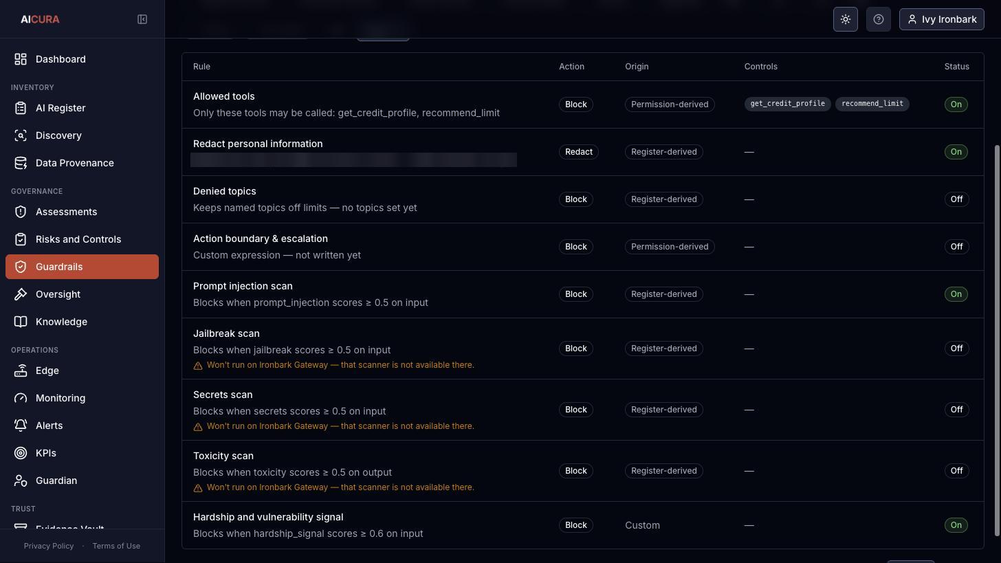 Guardrail rules editor, agent entry set in Aicura
