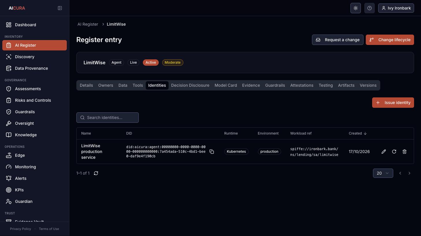 Register entry for an agent, Identities tab in Aicura