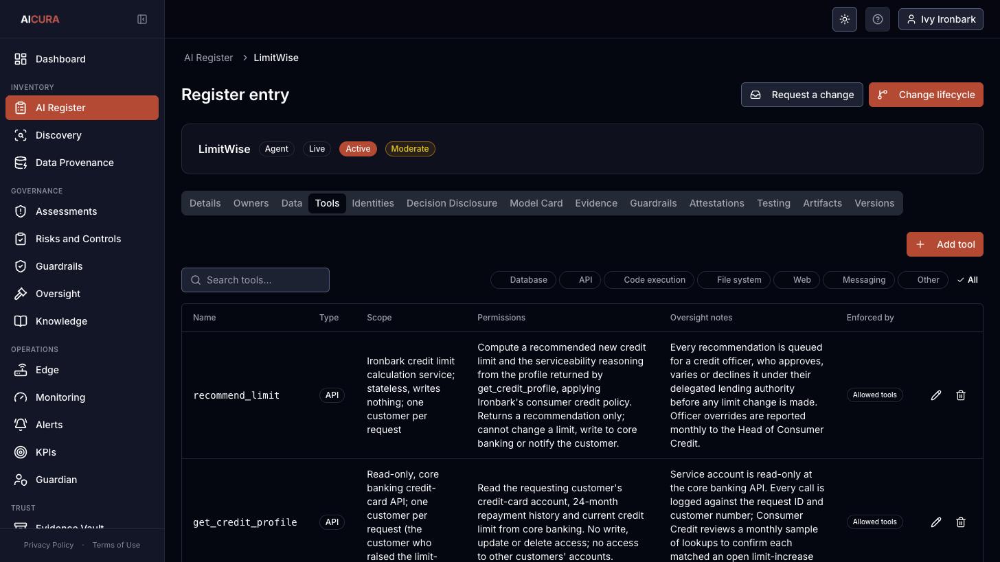 Register entry for an agent, Tools tab in Aicura