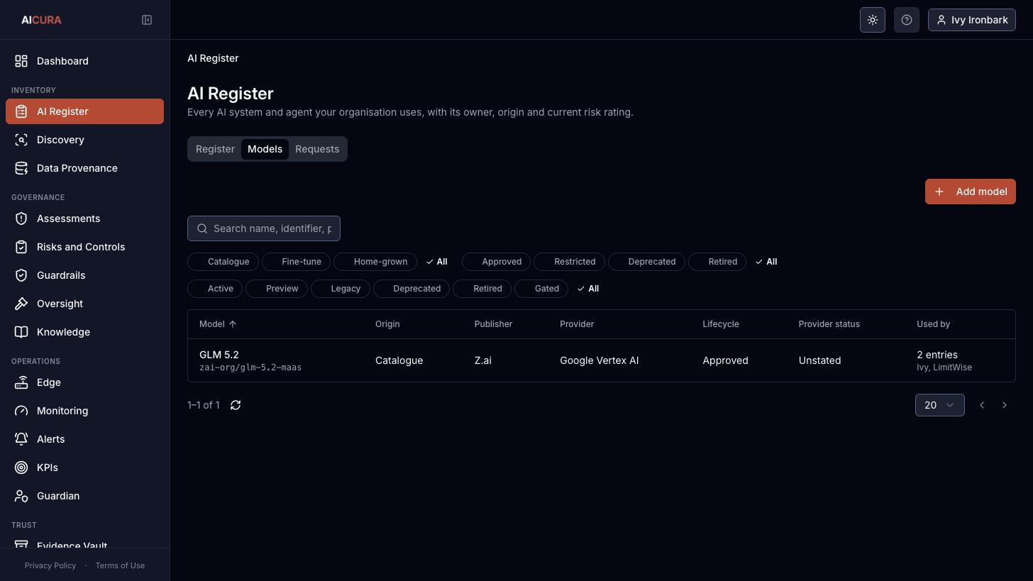 AI Register, Models tab in Aicura