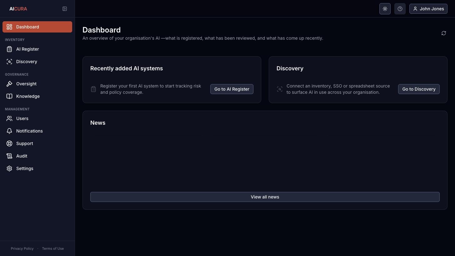 Dashboard, new account in Aicura