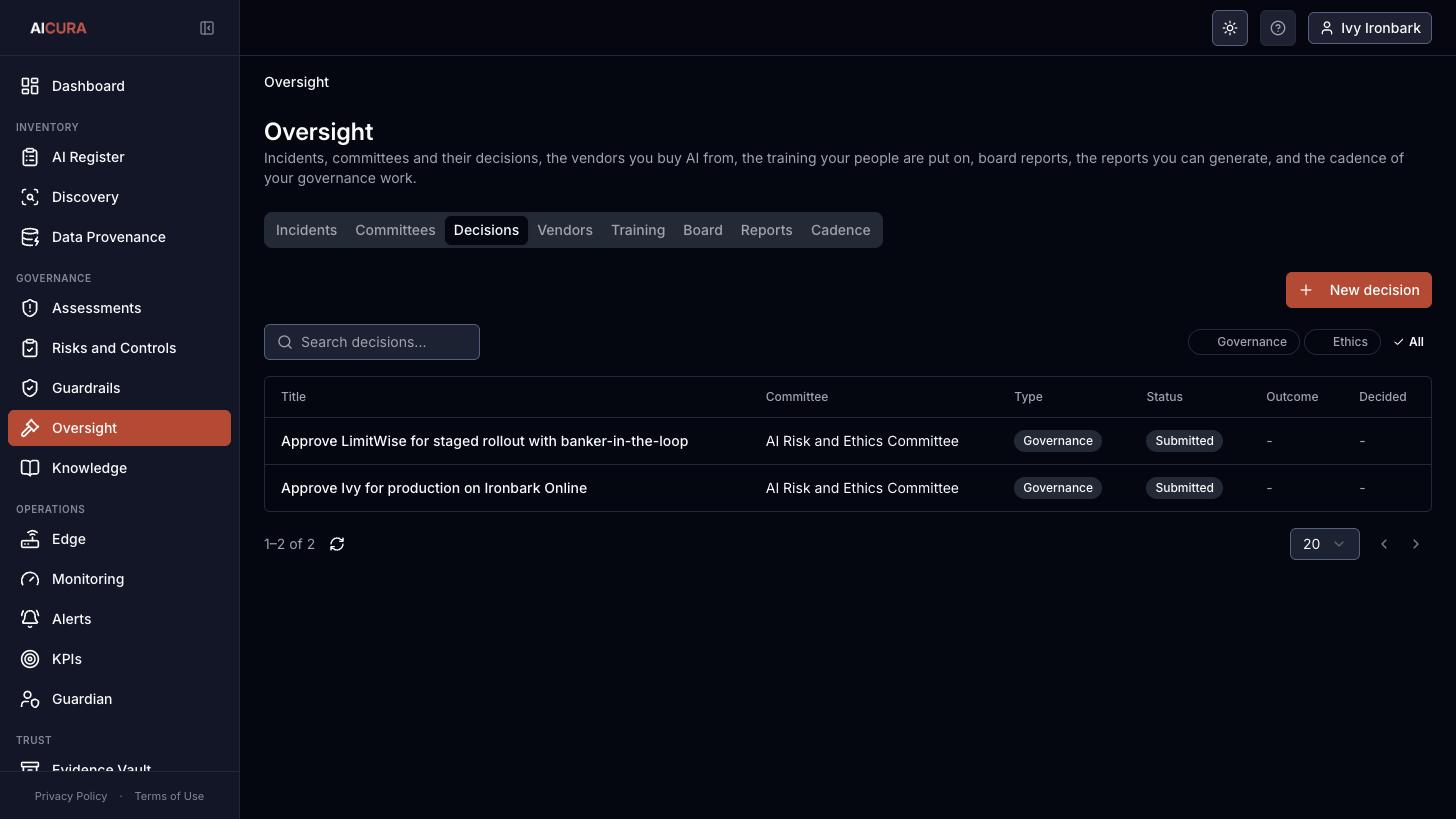 Oversight, Decisions tab in Aicura