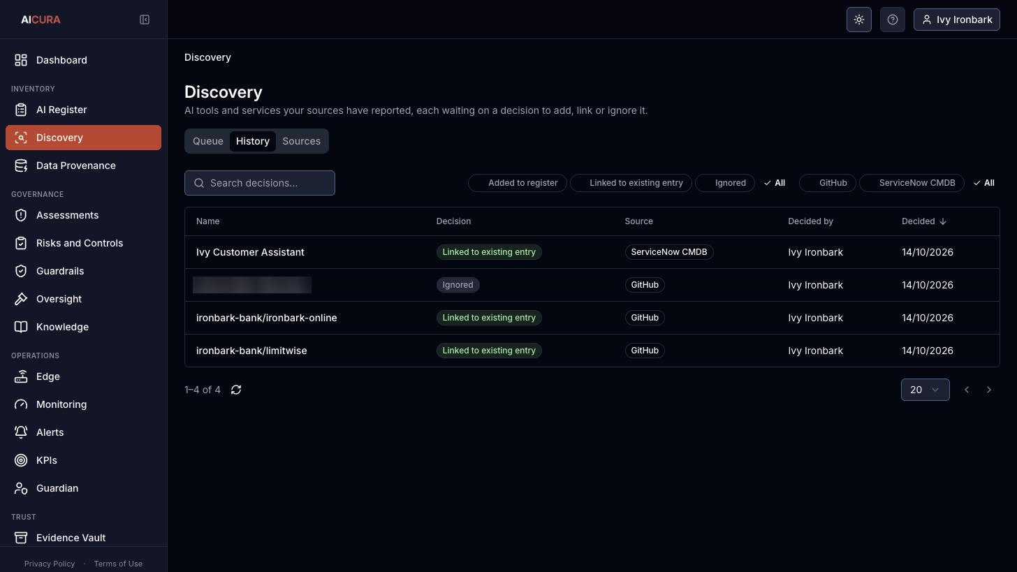 Discovery, History tab in Aicura