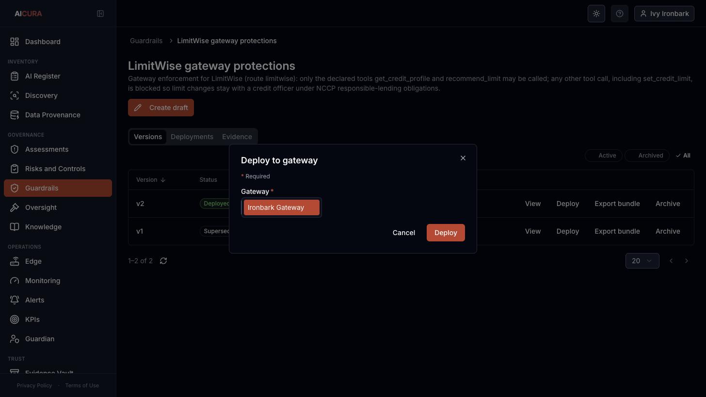 Guardrail set, Deploy dialog in Aicura
