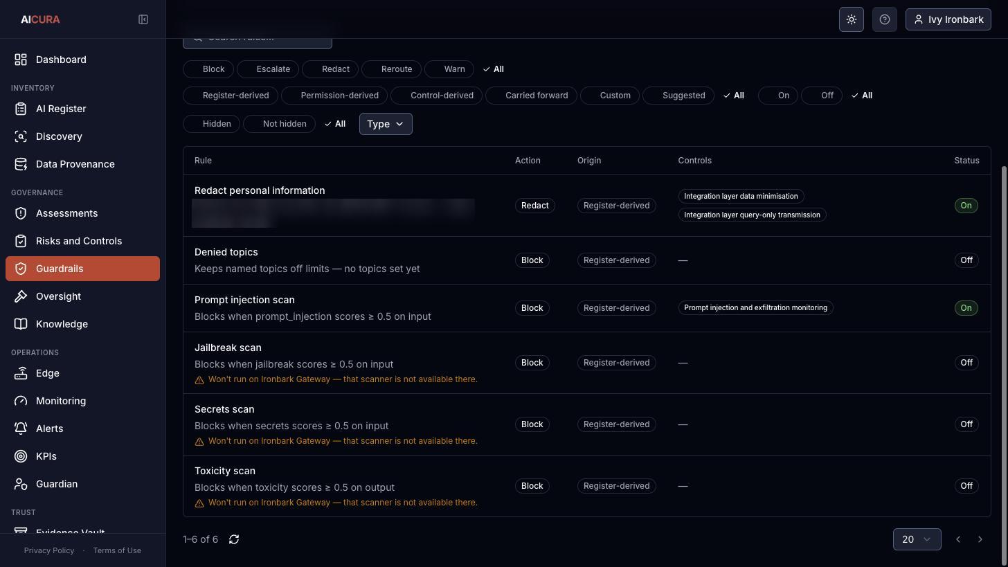 Guardrail rules editor in Aicura