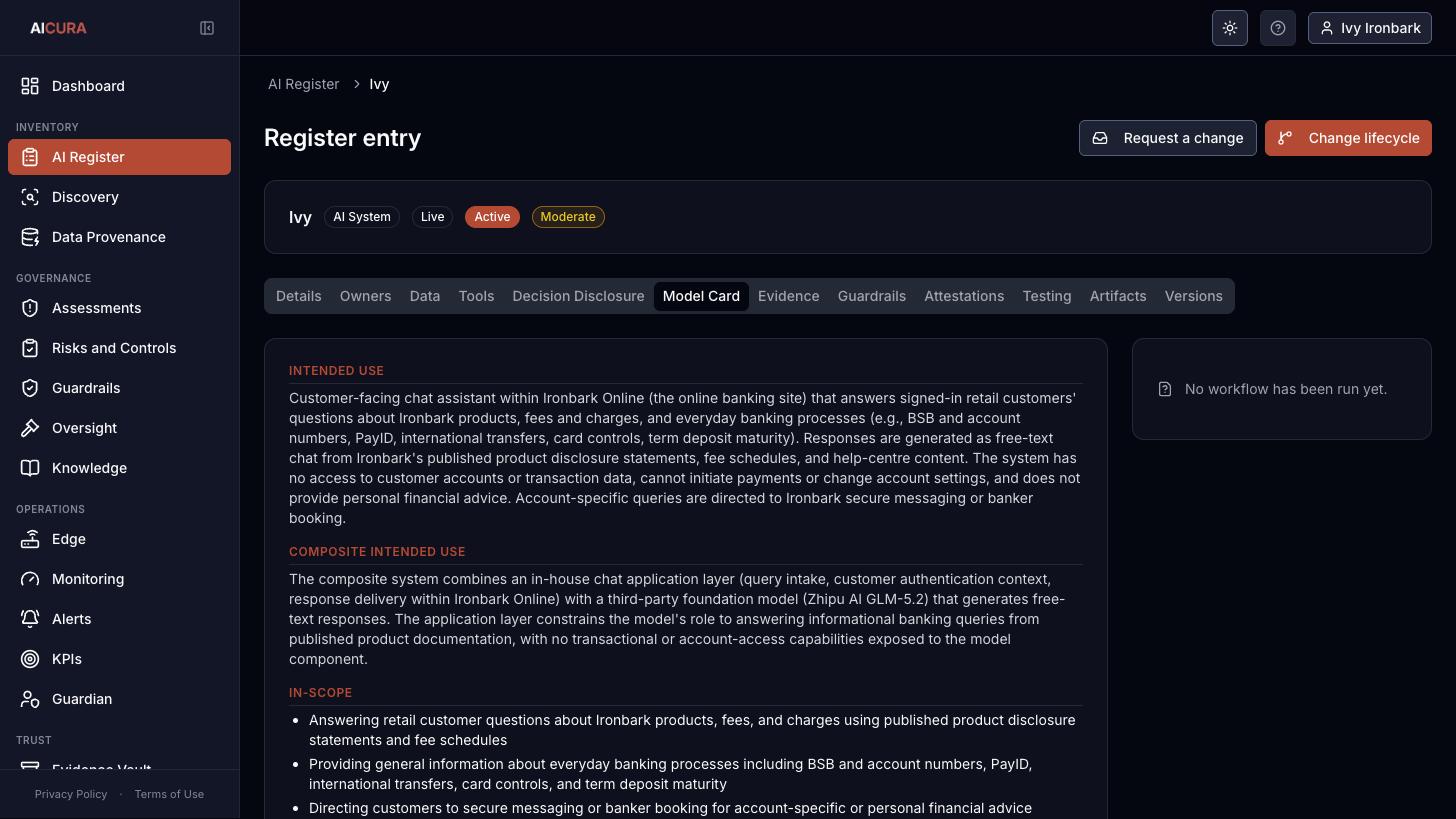 Register entry, Model Card tab in Aicura