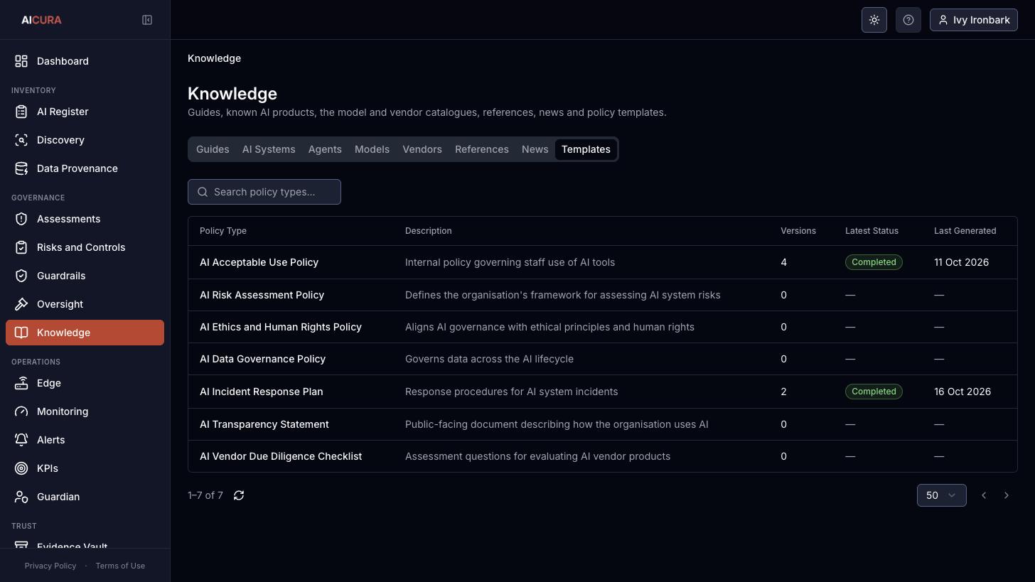 Knowledge, Templates tab in Aicura
