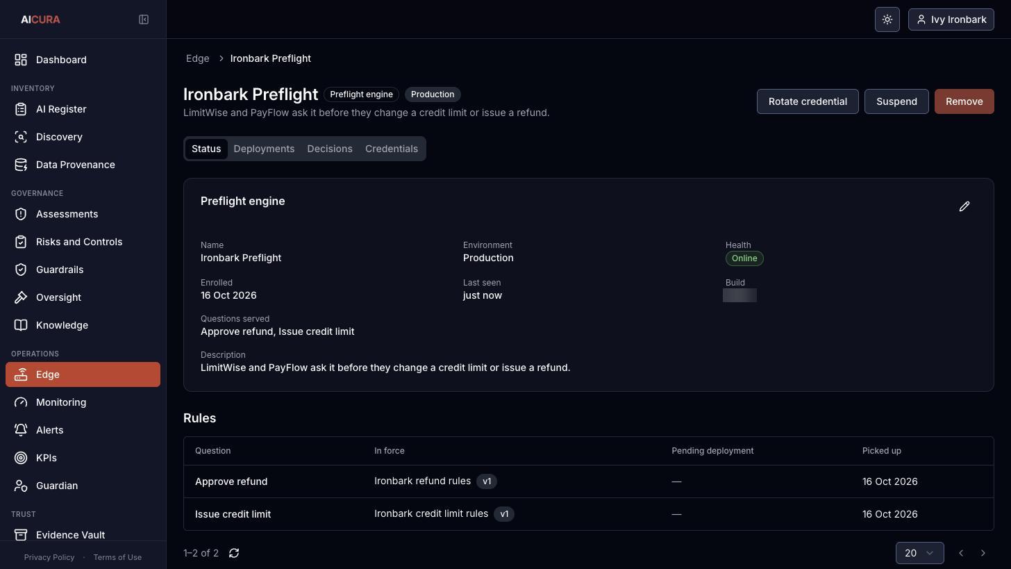Preflight engine detail, Status tab in Aicura