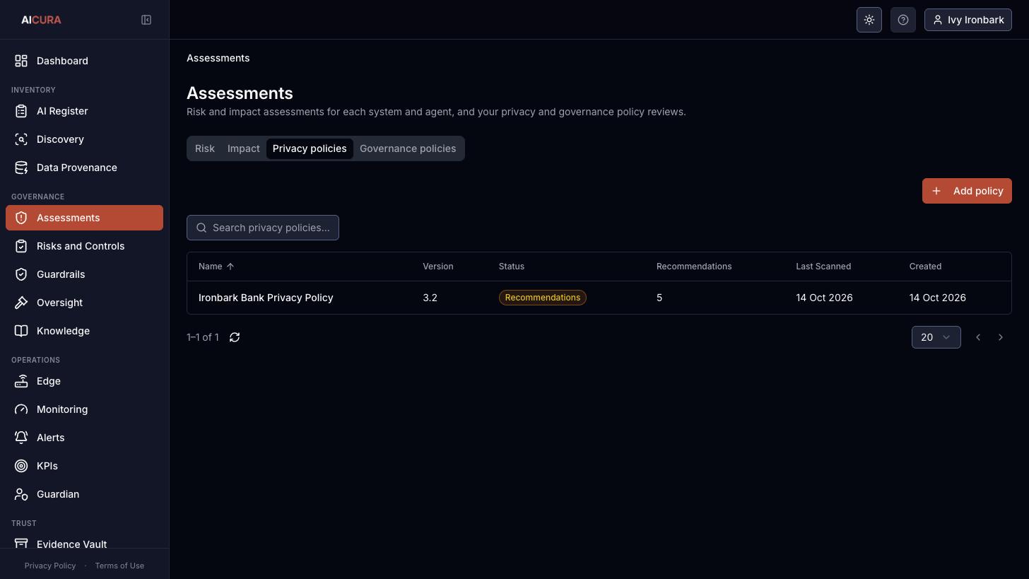 Assessments, Privacy policies tab in Aicura