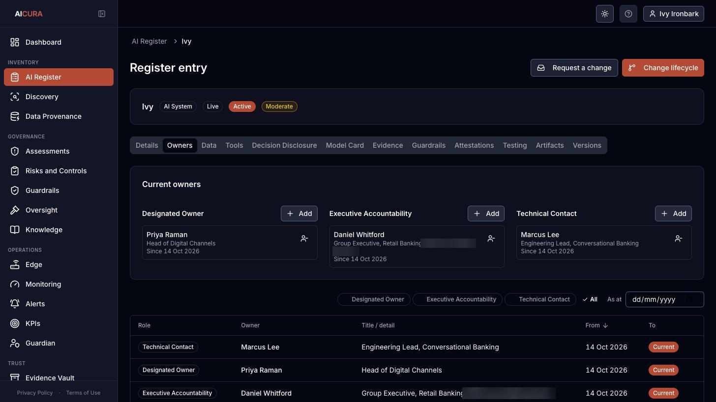 Register entry, Owners tab in Aicura