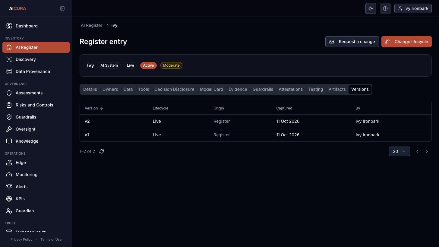 Register entry, Versions tab in Aicura