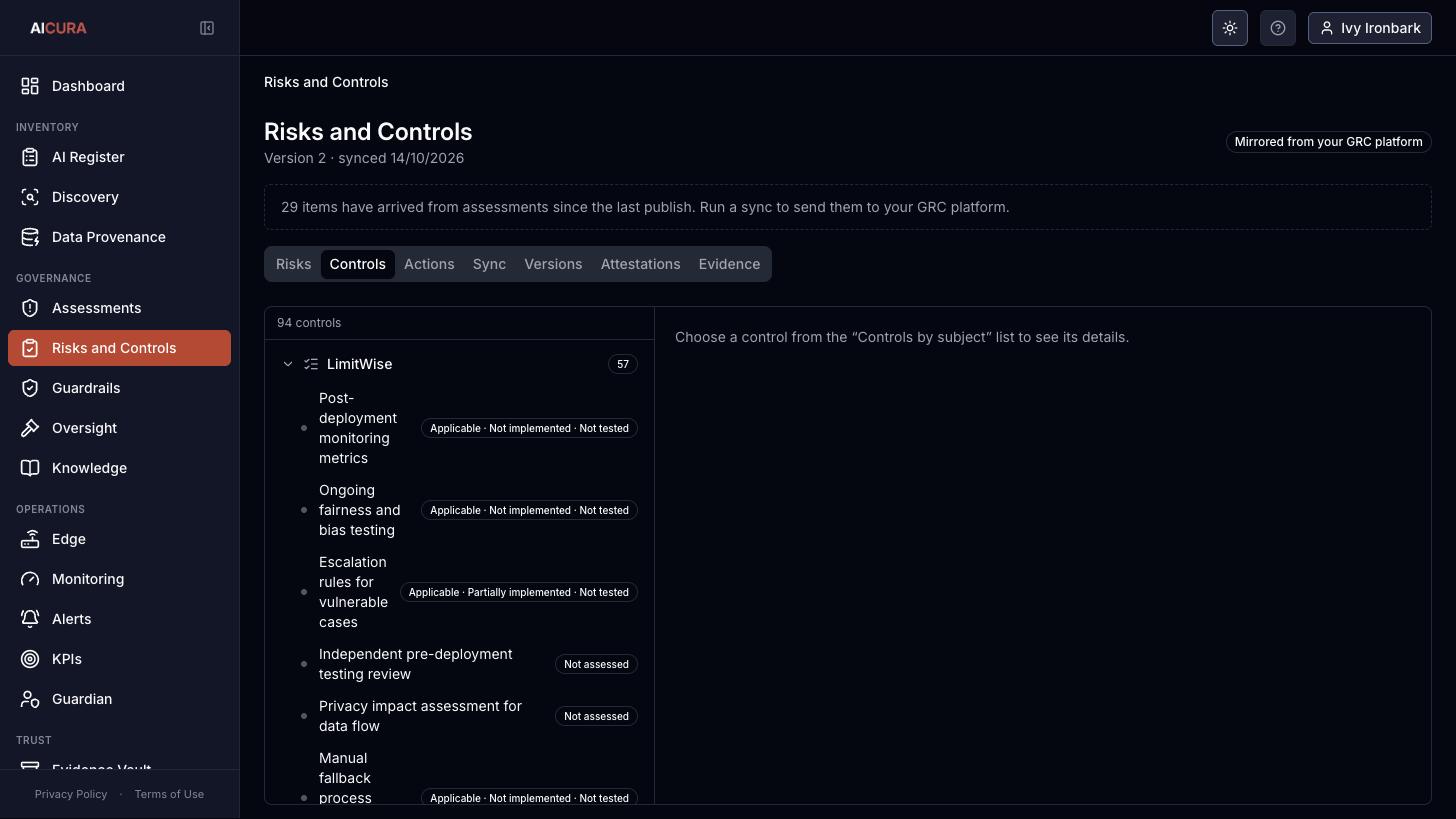 Risks and Controls, Controls tab in Aicura