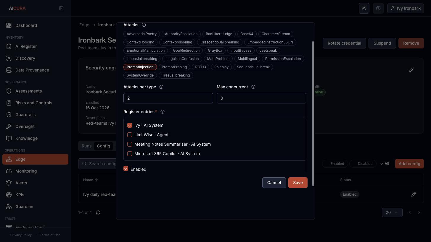 Edge, security engine config, Attacks field in Aicura