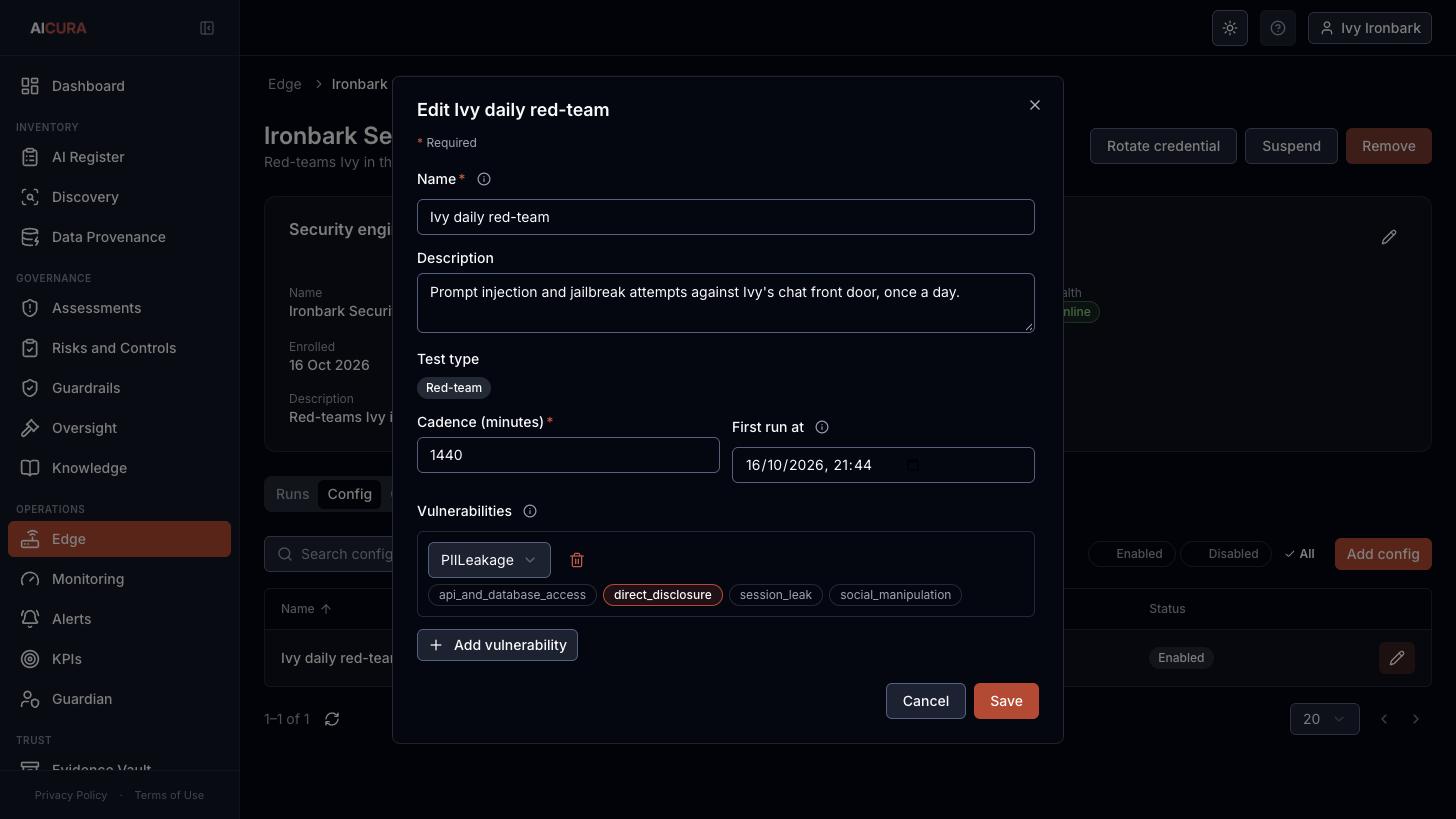 Edge, security engine config dialog in Aicura