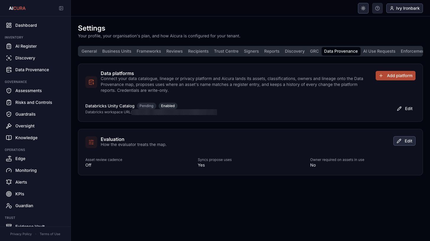 Settings, Data Provenance tab in Aicura