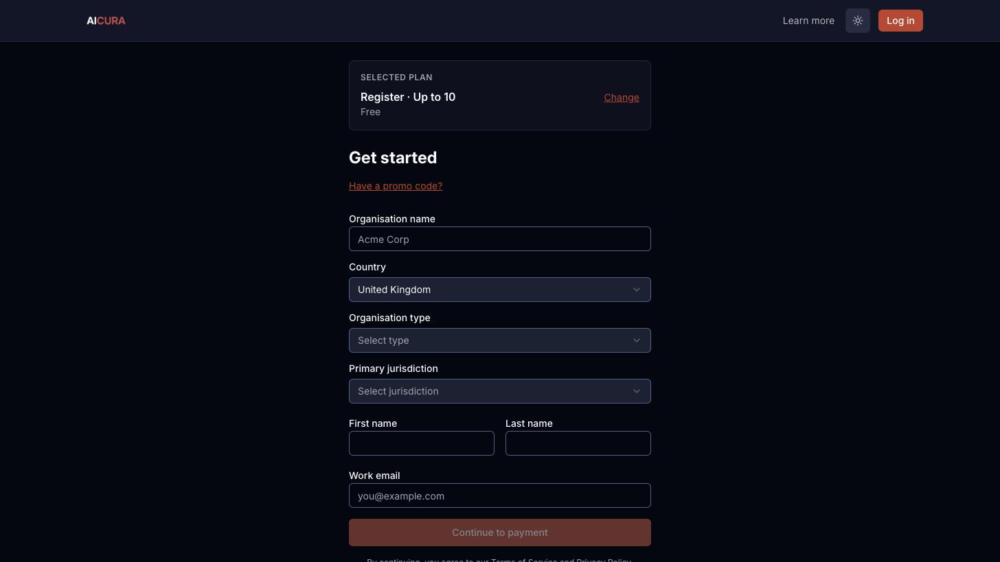 Sign-up form in Aicura