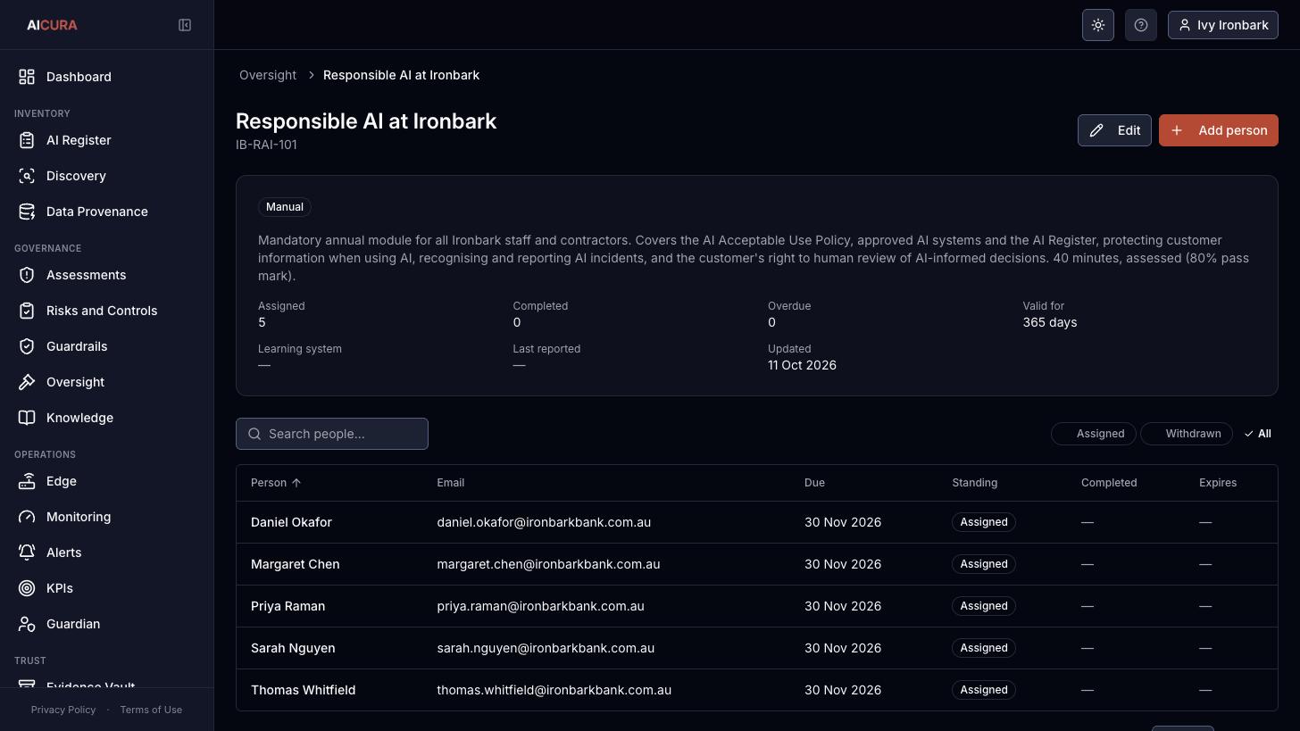 Oversight, training course page in Aicura