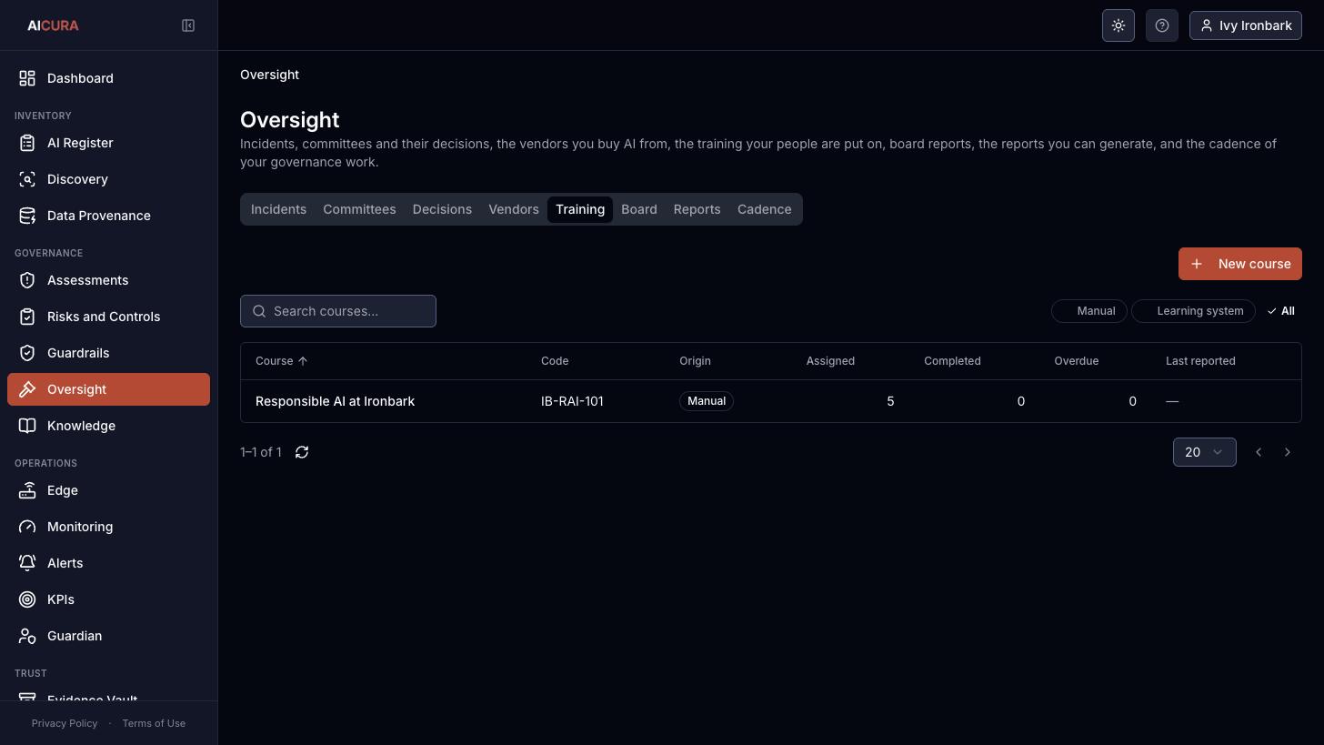 Oversight, Training tab in Aicura
