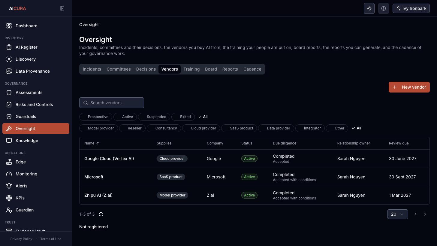 Oversight, Vendors tab in Aicura